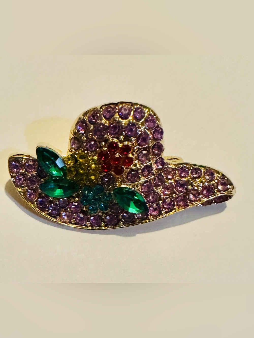 Gold-Tone Hat Brooch Purple Crystals with Green & Red Accents